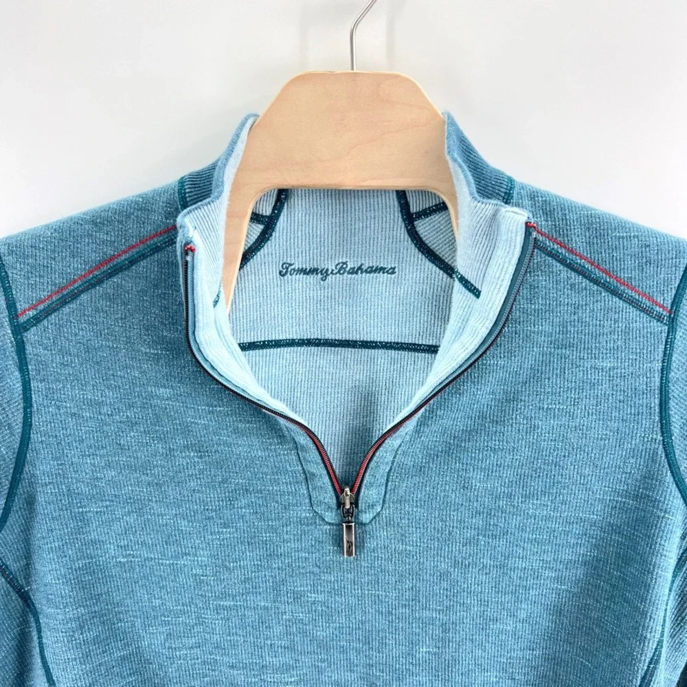 Tommy Bahama Quarter Zip Reversible Pullover XL Cotton Teal Blue Coastal 1/4 Zip